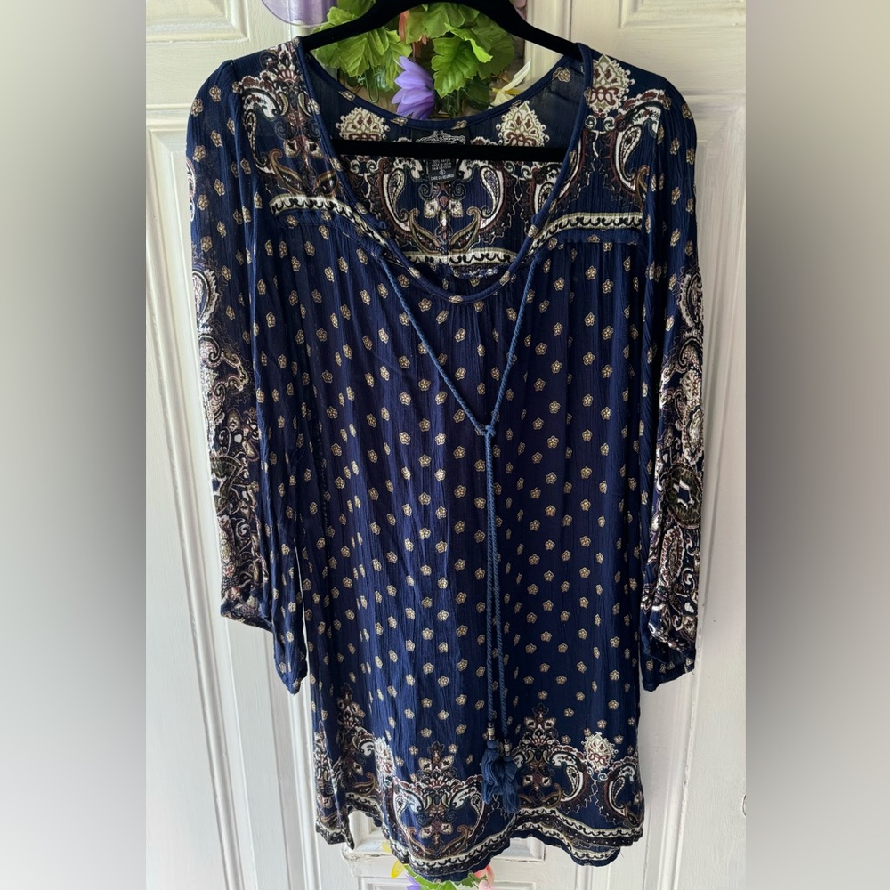 ANGIE Navy Paisley Tunic & mini Dress 3/4 sleeve Brown green blue oversize Small